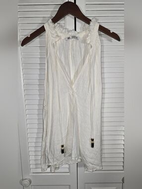 Zara Off White Linen Blend Deep V Ruffled Beaded Tie Front Flowy Top M